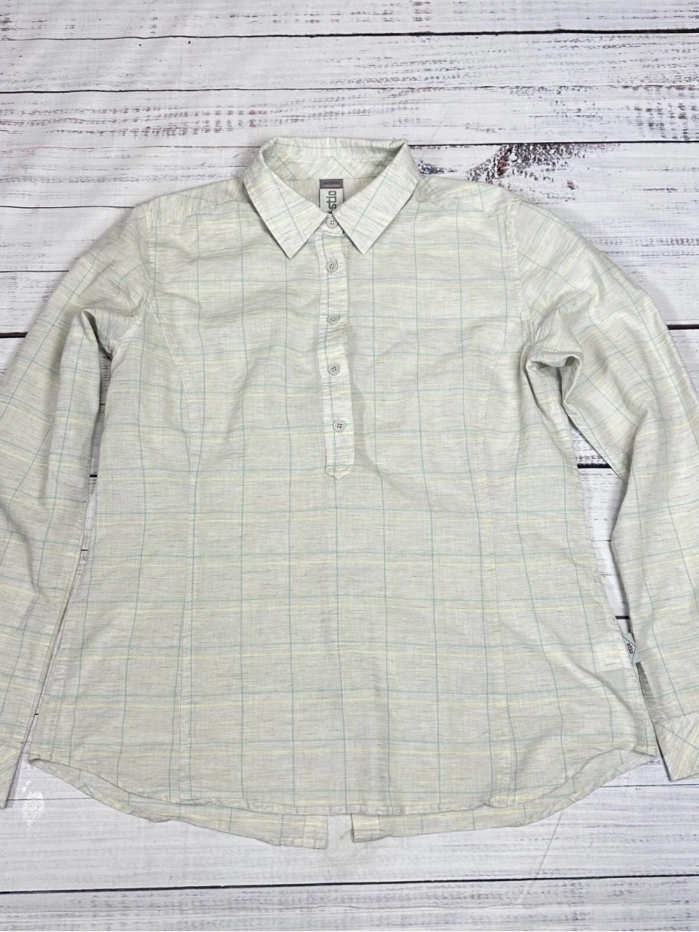 Stio Poplar Cream Pale Green and Pale Yellow Plaid Popover Shirt 1/2 button M